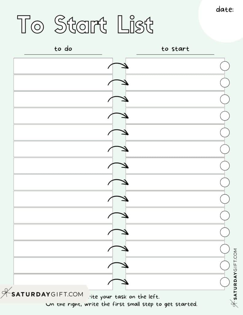 To Start List Printable &ndash; Pastel Green First Step Planner with Date | SaturdayGift