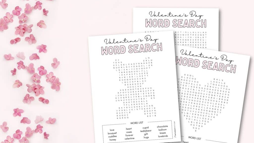 Valentine's Day word search printable - cute & free printable puzzle sheet by SaturdayGift