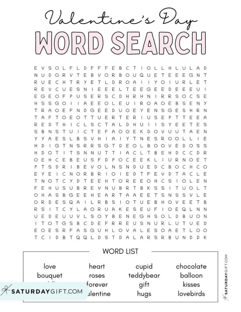 Valentine's Day word search printable square shaped puzzle