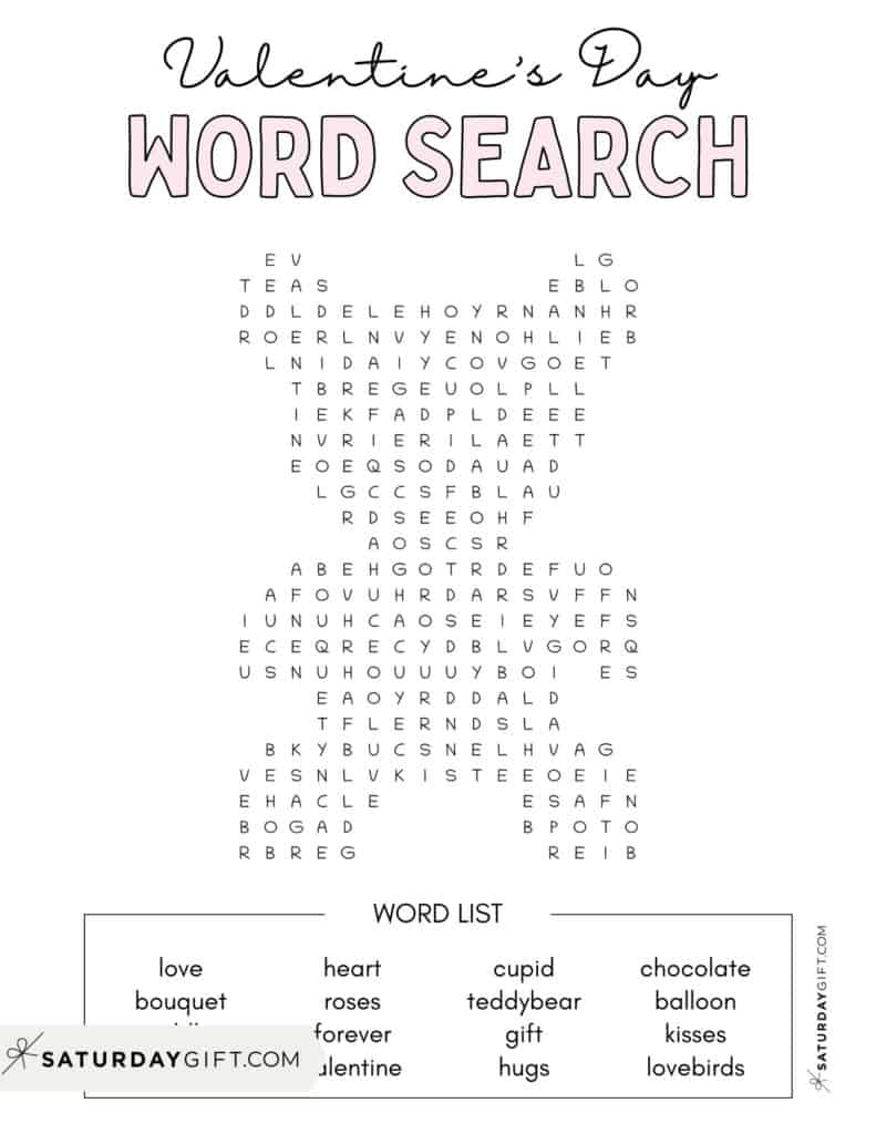 Valentine's Day word search printable teddybear shaped puzzle