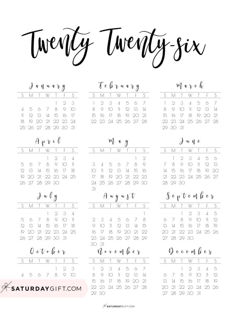 Vertical 2026 Calendar Printable Twenty Twenty Six | SaturdayGift