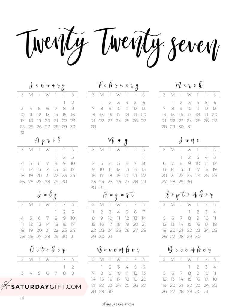 Vertical 2027 Calendar Printable Twenty Twenty Seven