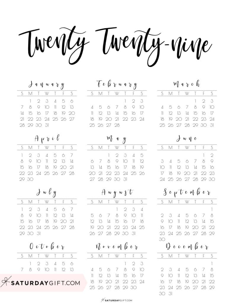 Vertical 2029 Calendar Printable Twenty Twenty Nine