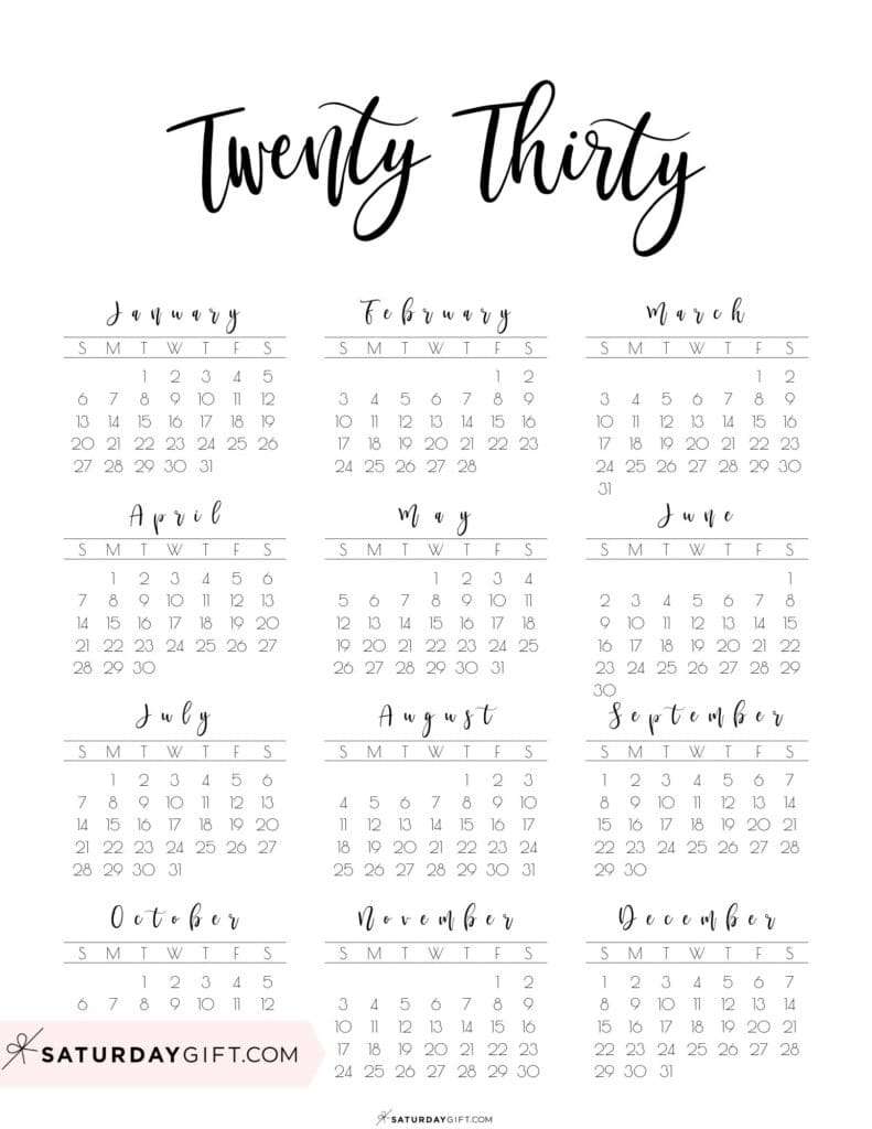 Vertical 2030 Calendar Printable Twenty Thirty