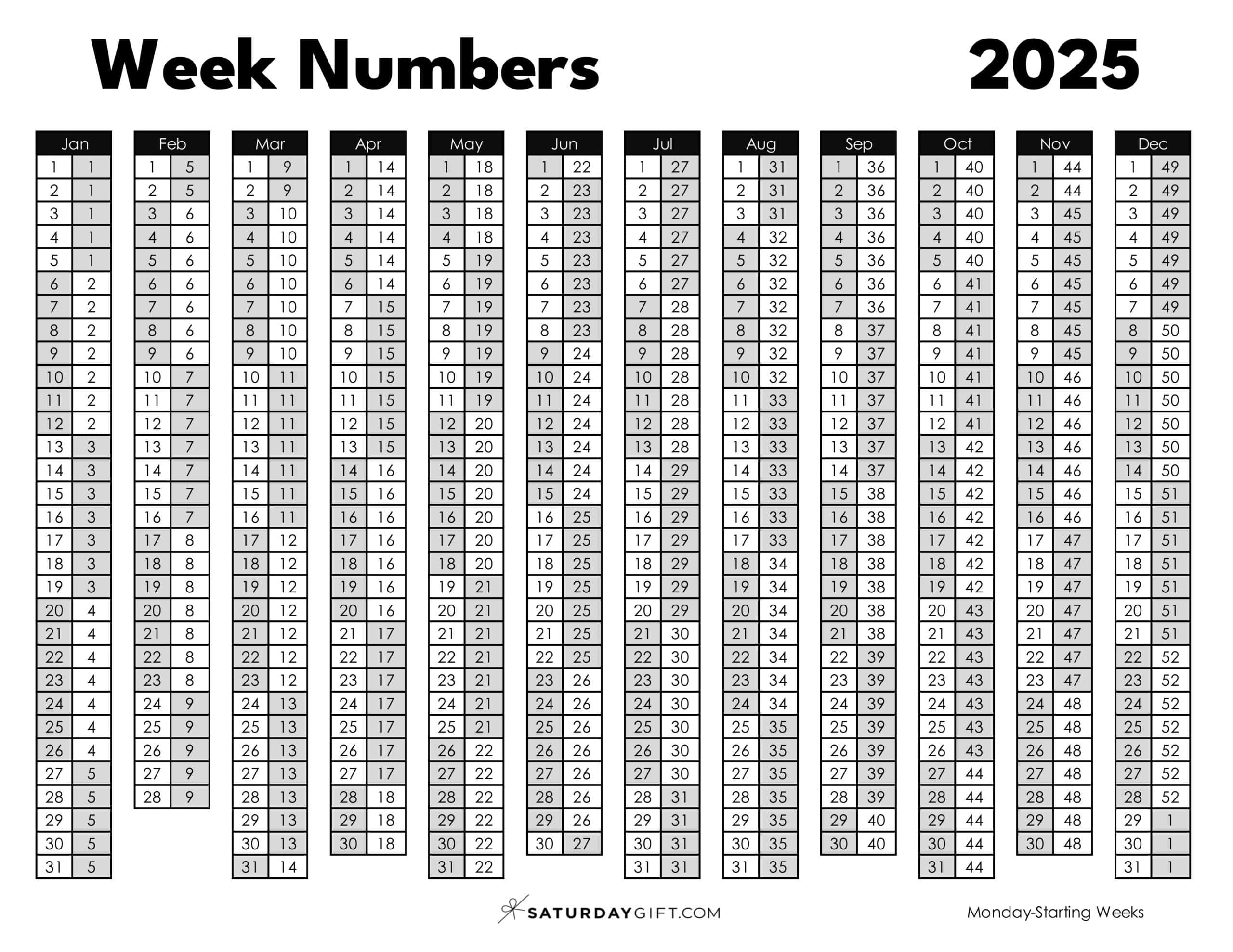 Week Numbers 2025 Printable PDF Black & White Monday-starting weeks | SaturdayGift