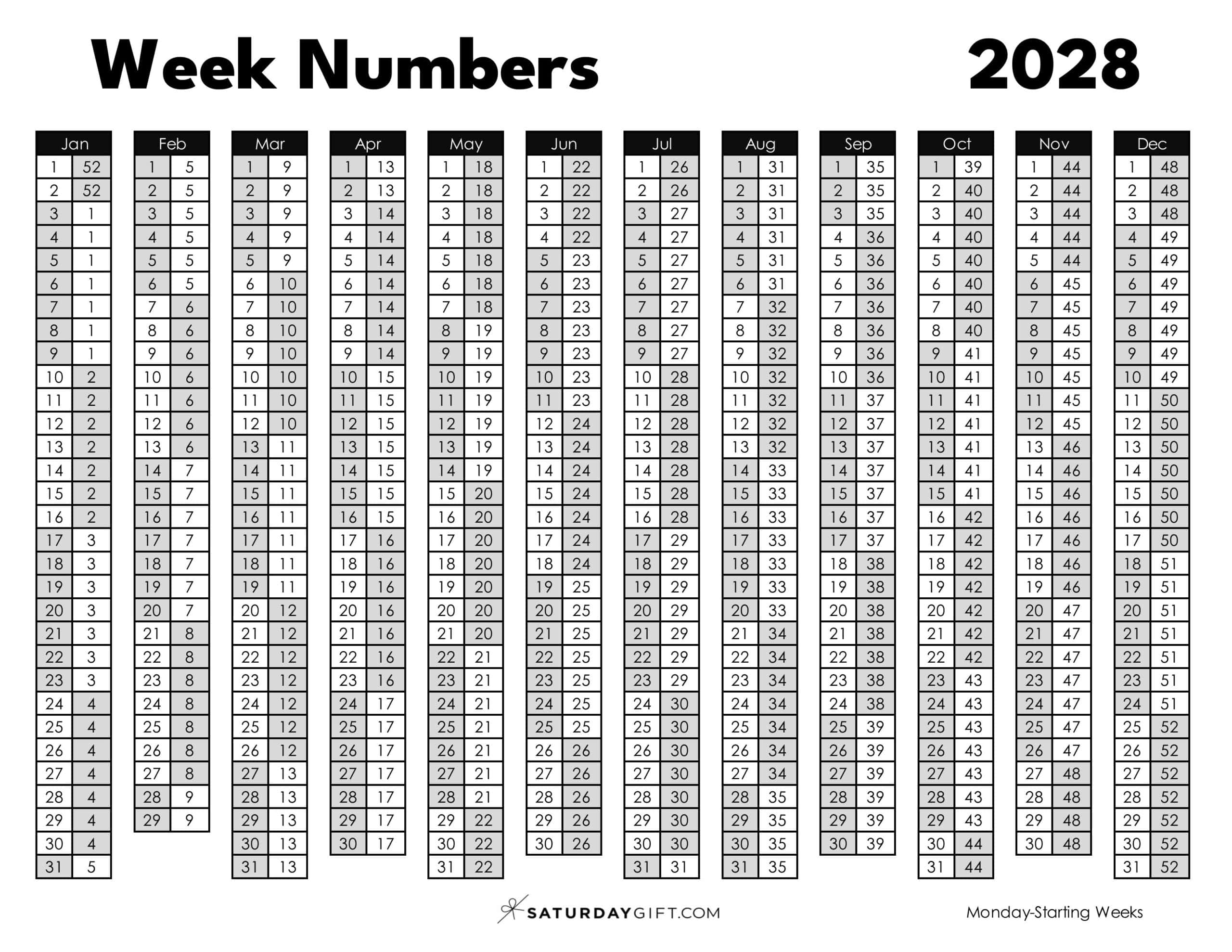Week Numbers 2028 Printable PDF in Black & White Monday-starting weeks | SaturdayGift