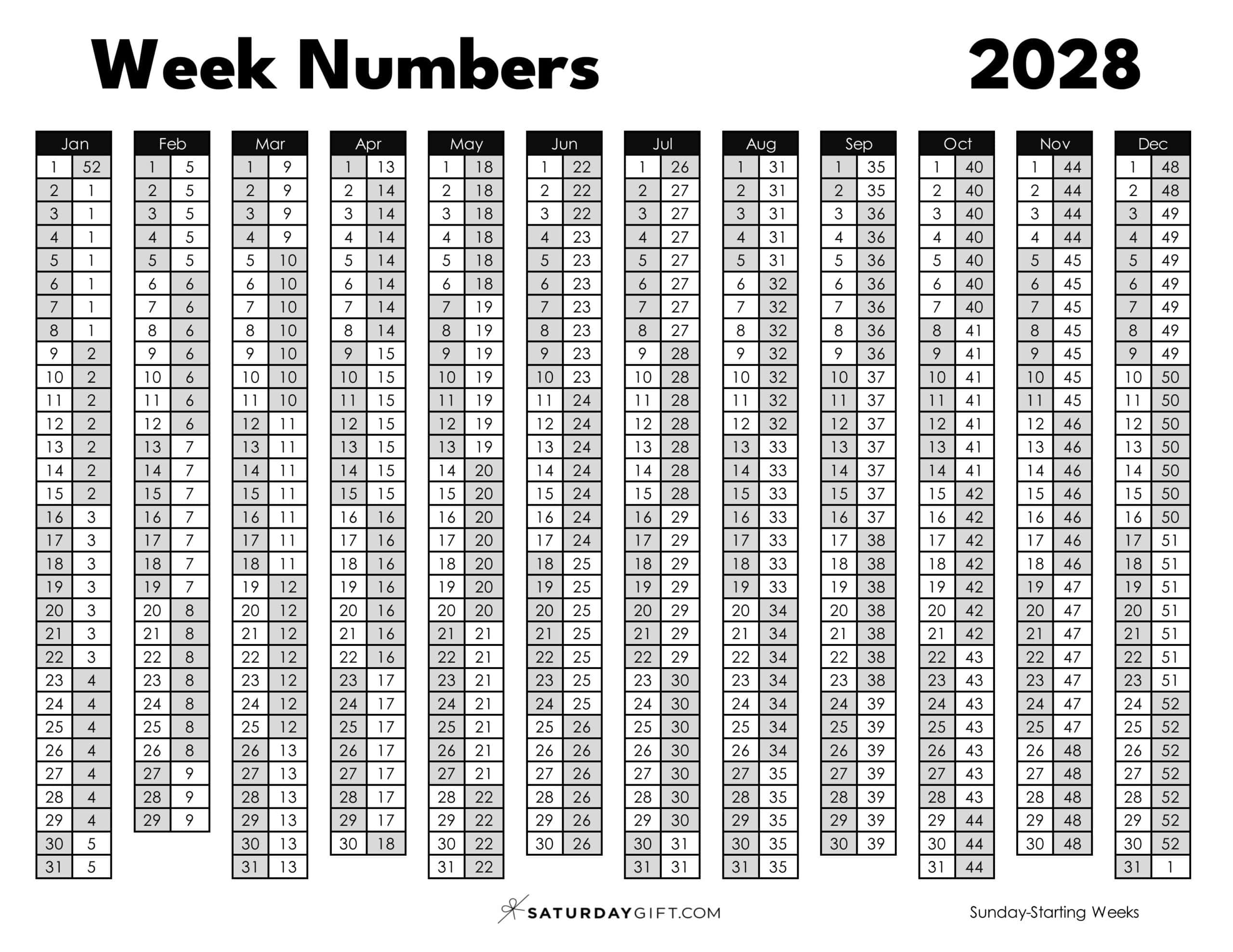 Week Numbers 2028 Printable PDF in Black & White Sunday-starting weeks | SaturdayGift