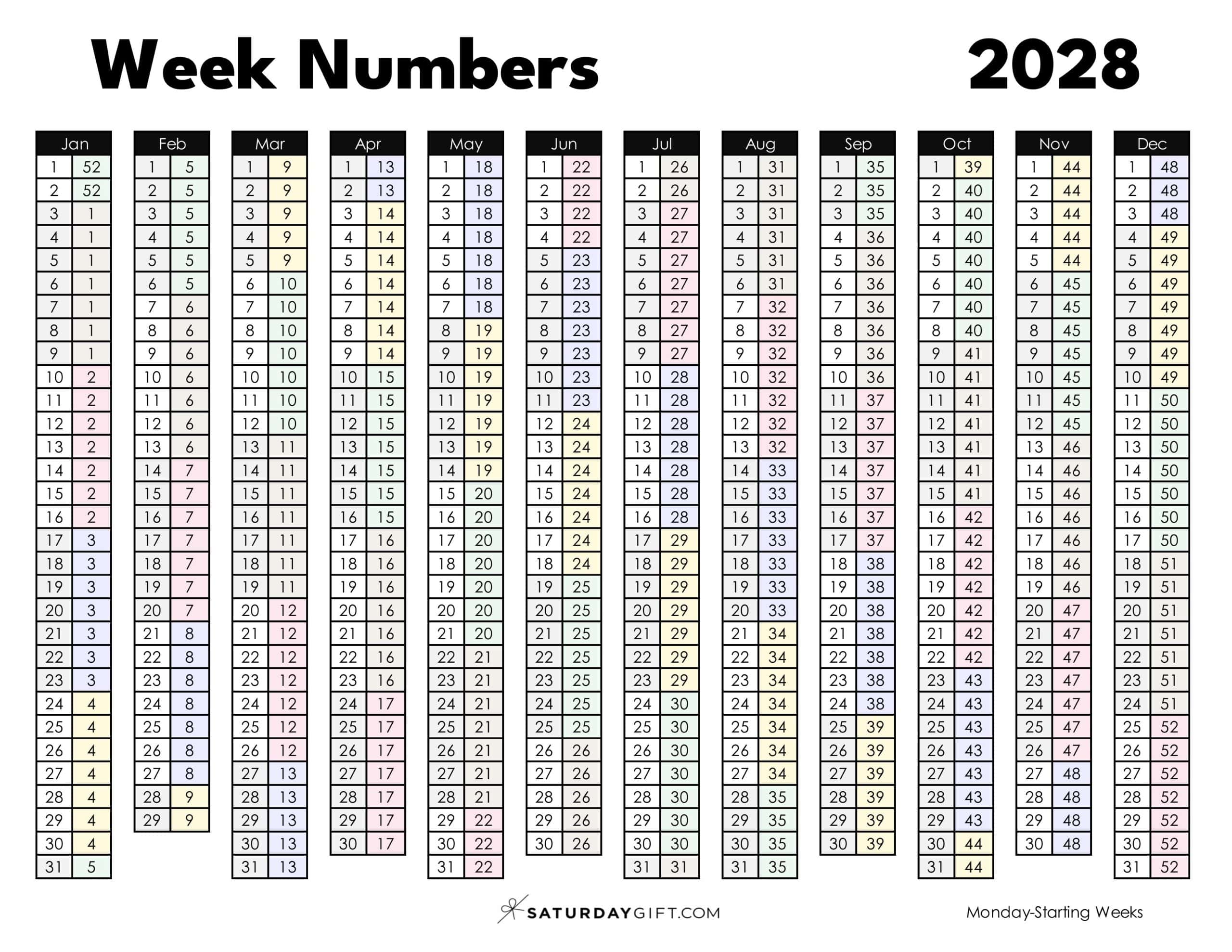 Week Numbers 2028 Printable PDF in Pastel Colors Monday-starting weeks | SaturdayGift
