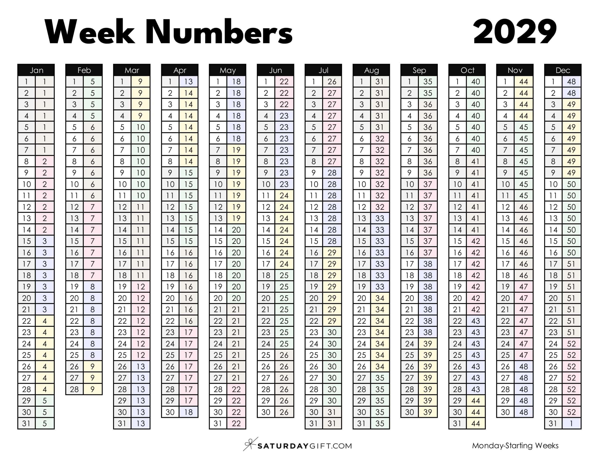 Week Numbers 2029 Printable PDF in Pastel Colors Monday-starting weeks | SaturdayGift