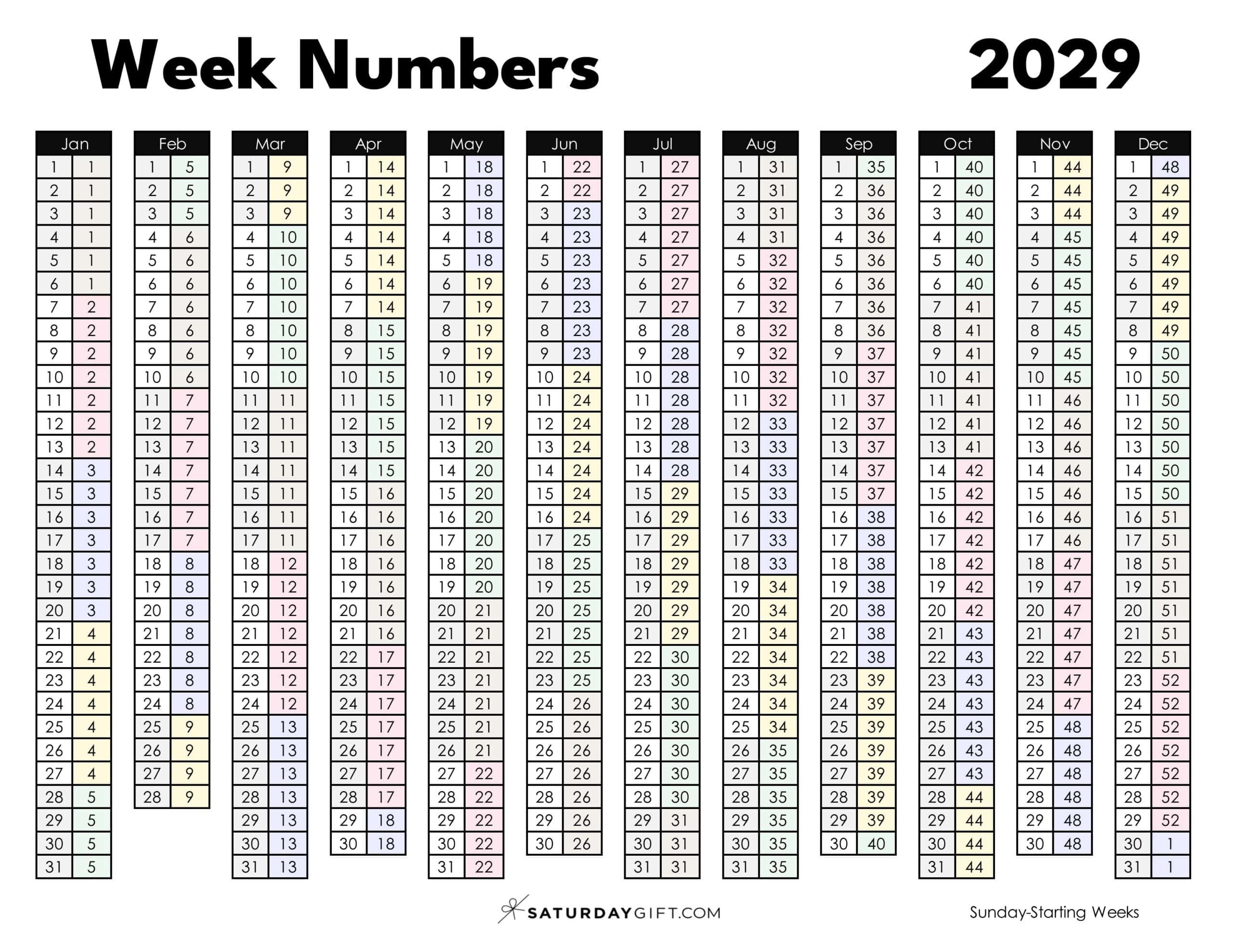 Week Numbers 2029 Printable PDF in Pastel Colors Sunday-starting weeks | SaturdayGift