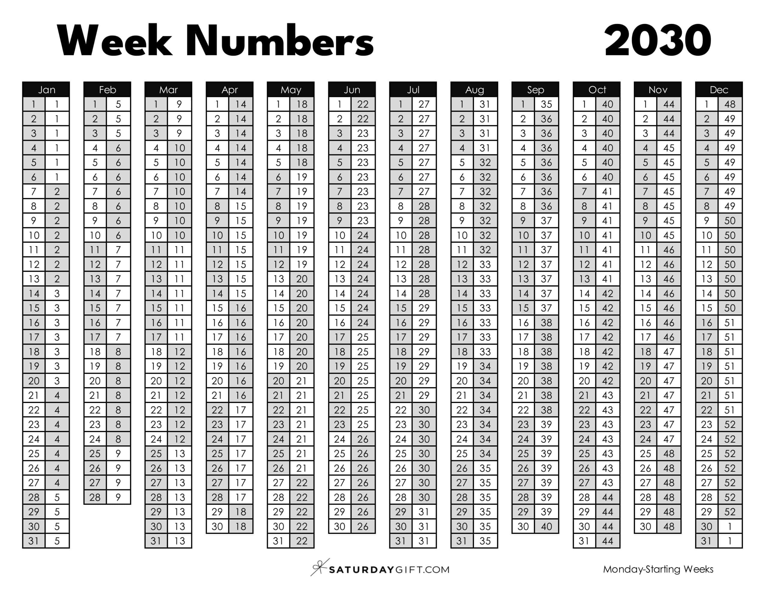 Week Numbers 2030 Printable PDF in Black & White Monday-starting weeks | SaturdayGift