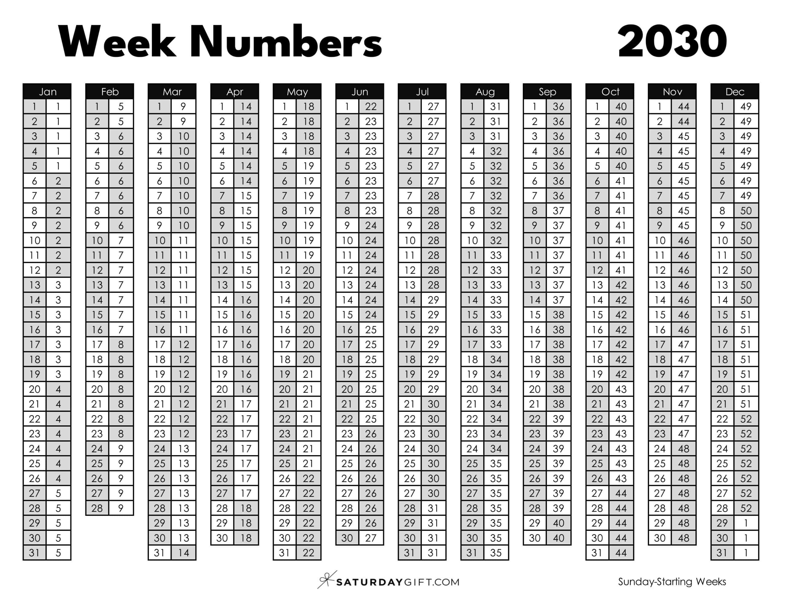 Week Numbers 2030 Printable PDF in Black & White Sunday-starting weeks | SaturdayGift