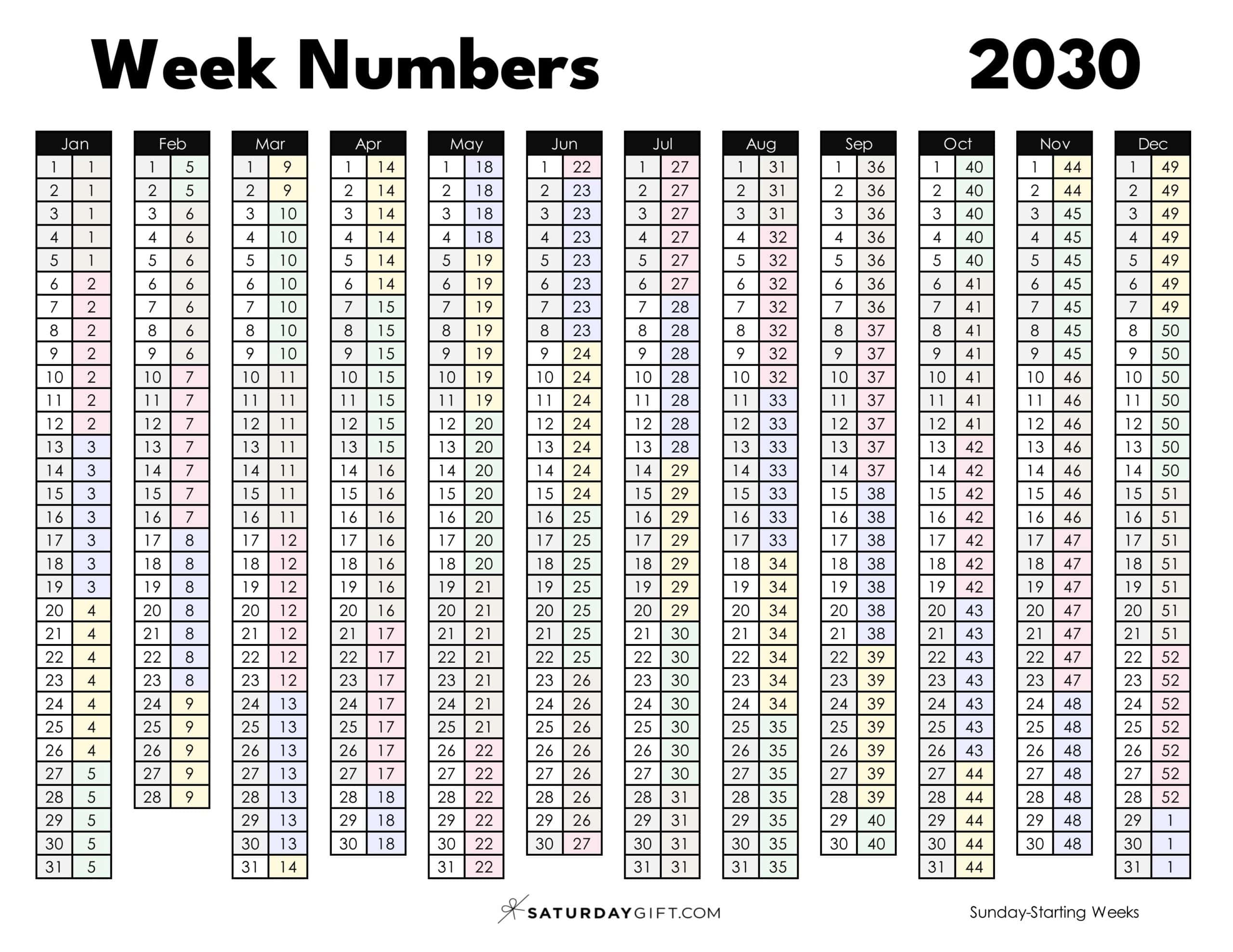 Week Numbers 2030 Printable PDF in Pastel Colors Sunday-starting weeks | SaturdayGift