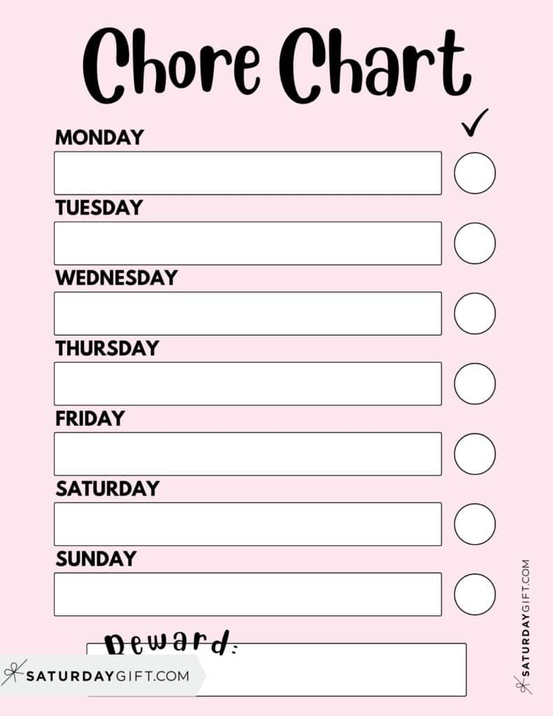 Weekly Chore Chart for Kids - Portrait Pink PDF | SaturdayGift