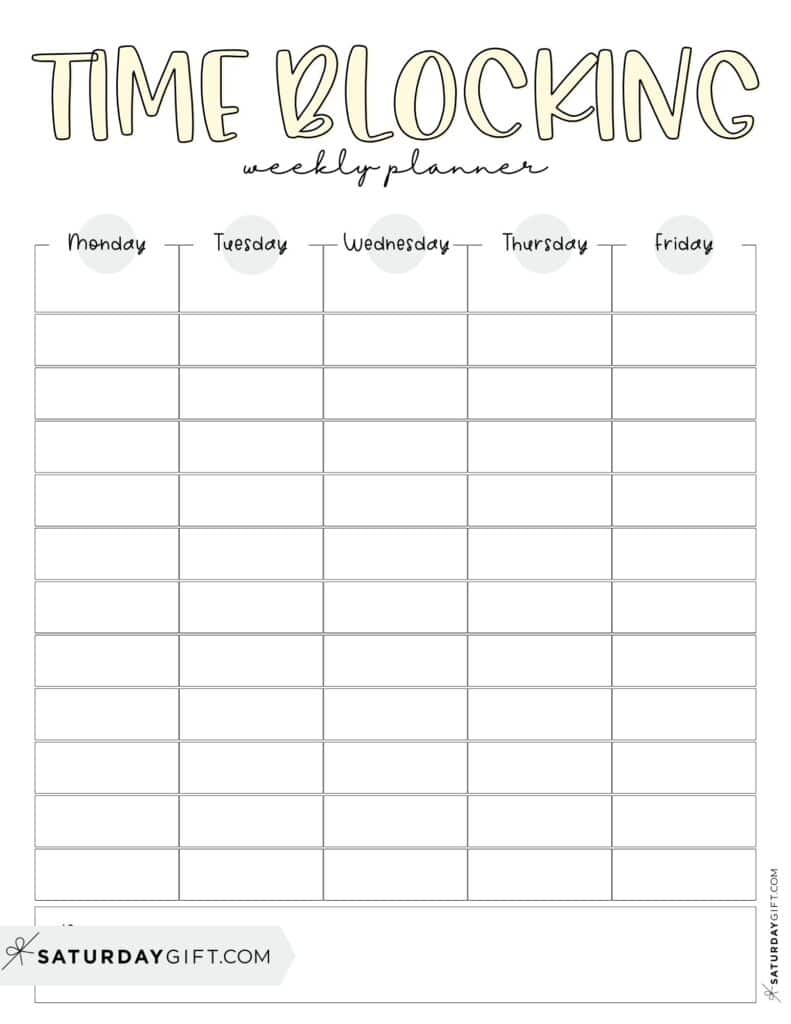 Weekly Time Blocking Planner - Yellow - Free Printable | SaturdayGift
