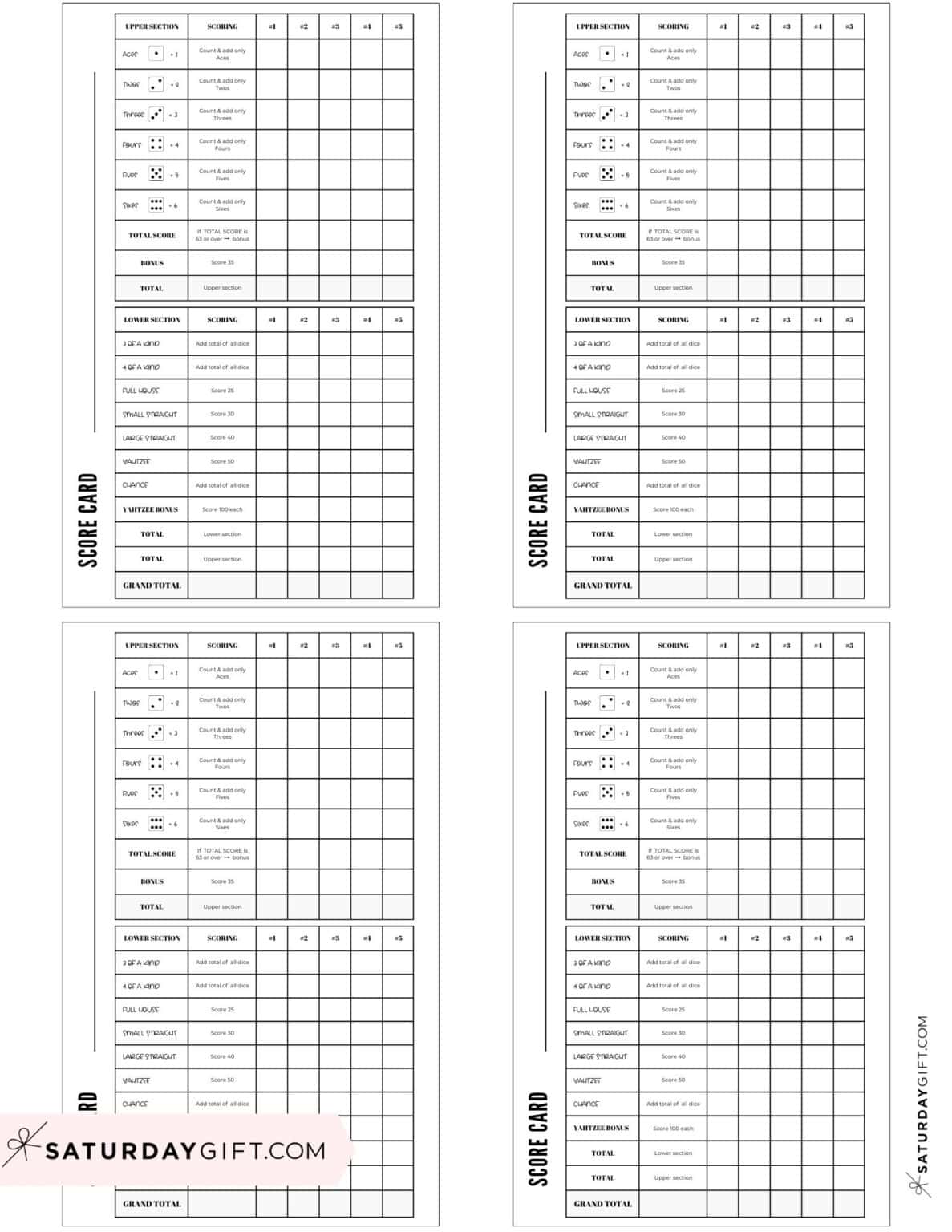Yahtzee Score Card - Printable Yahtzee Score Sheets | SaturdayGift
