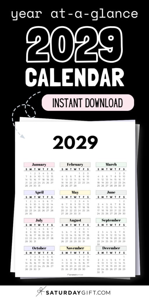 Year At-A-Glance 2029 Calendar - Instant Download | SaturdayGift