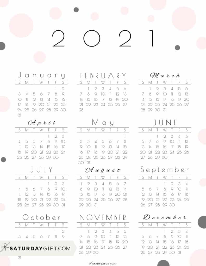 Cute (& Free!) Printable Year At A Glance 2021 Calendar